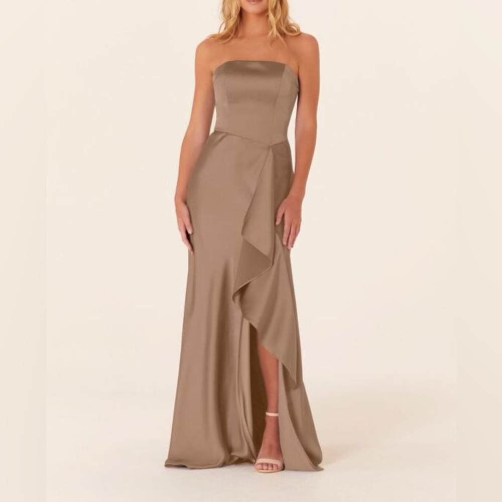 Mori Lee  Ruffle Slit Strapless Bridesmaid Dress